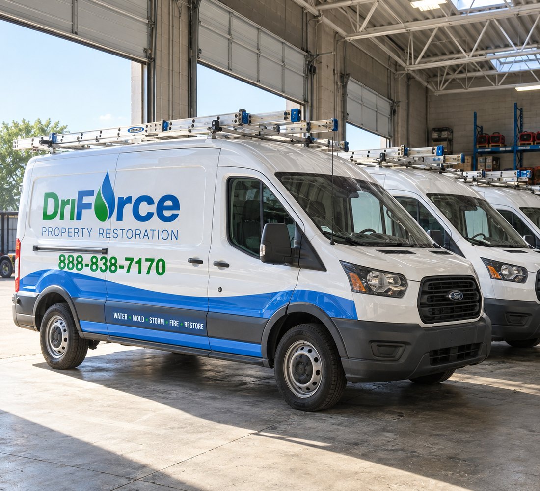 The DriForce Property Restoration van fleet staged in the Troy warehouse bay, loaded and ready to dispatch
