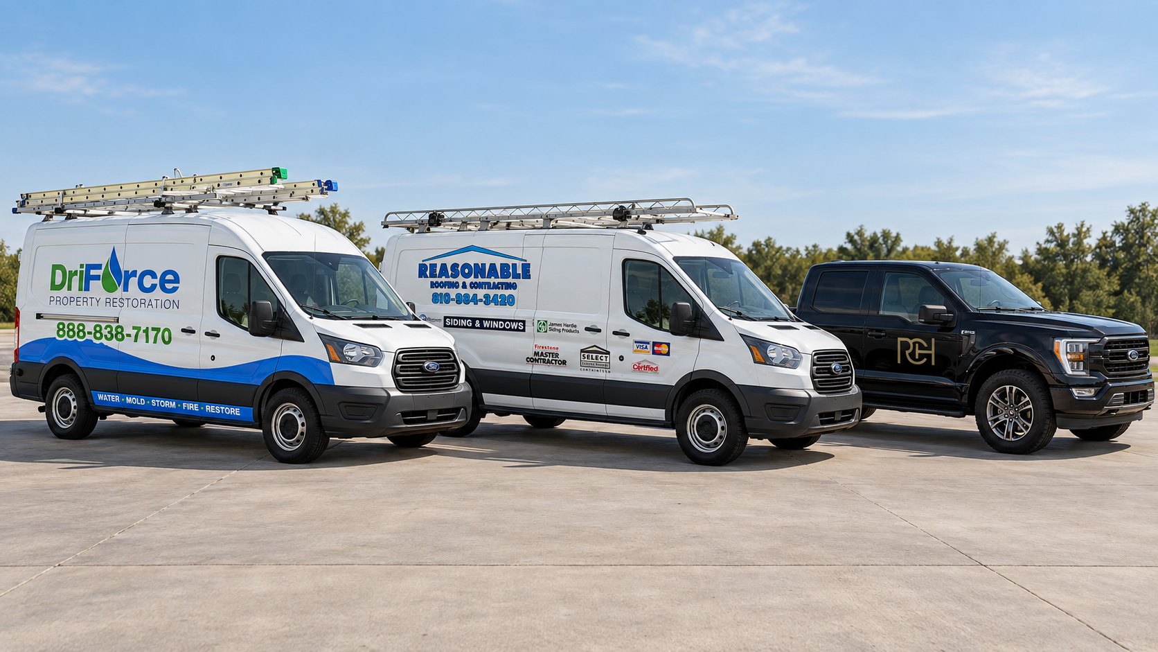 DriForce, Reasonable Roofing & Contracting and Ritter Custom Homes vehicles lined up together