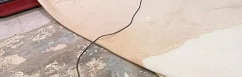 Water-damaged basement carpet pulled back with drying equipment running - DriForce Property Restoration